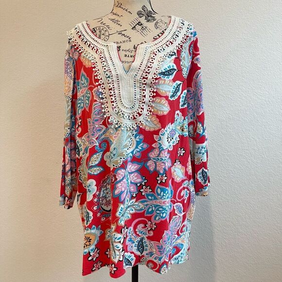 Tablots Womens Blouse‎ Plus 2x Red Floral Paisley Peasant Bohemian Vneck Crochet - Picture 1 of 10